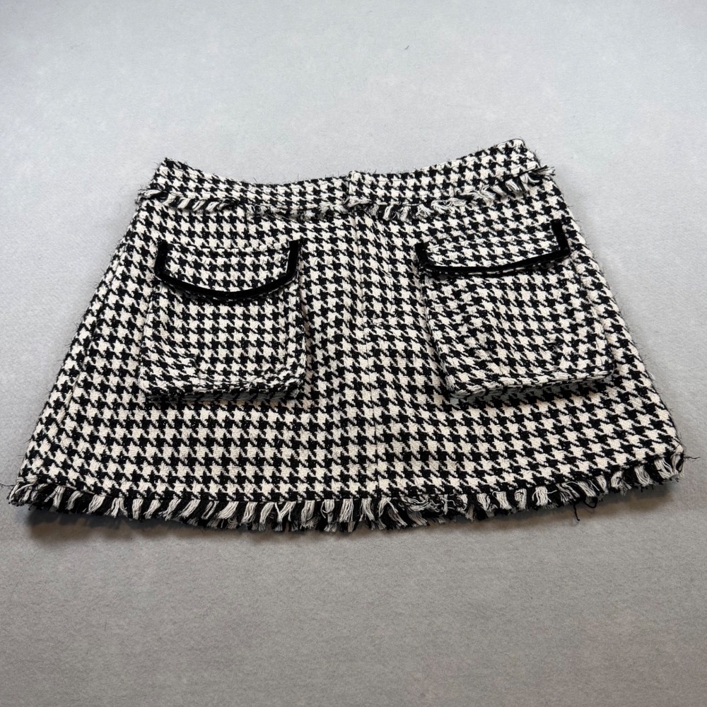 Sofie the Label Houndstooth Tweed Mini Skirt Black White Fringe Pockets Large